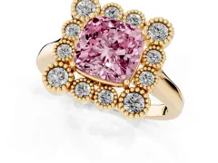 Fancy Pink Cushion Cut Diamond Cluster Halo Ring Set in Yellow gold with Milgrain Bezel Accents and Plain Band