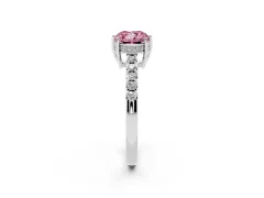 Fancy Pink Cushion Cut Diamond Solitaire Engagement Ring Set in Platinum with Pavé Band and Prong Setting