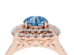 Fancy Blue Round Cut Diamond Double Halo Ring Set in Rose gold with Pavé Split Shank and Prong Setting