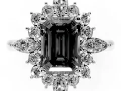 Fancy Black Emerald Cut Diamond Cluster Halo Ring Set in White gold with Marquise and Round Accents