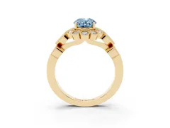 Fancy Blue Oval Cut Diamond Solitaire Ring Set in Yellow gold with Milgrain Pavé Heart Band