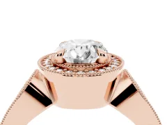 Oval Cut Diamond Halo Ring Set in Rose gold with Milgrain Accent Split Shank