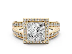 Princess Cut Diamond Halo Ring Set in Yellow gold with Double Pavé Split Shank