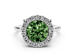 Fancy Green Round Cut Diamond Cluster Halo Solitaire Ring Set in White gold with Prong Setting