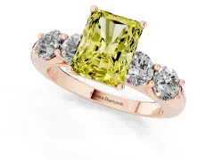 Fancy Yellow Radiant Cut Diamond Five-Stone Prong Set Ring Set in Rose gold with Classic Band