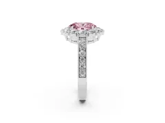 Fancy Pink Oval Cut Diamond Halo Pavé Engagement Ring Set in Platinum with Milgrain Detailing