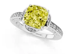 Fancy Yellow Cushion Cut Diamond Halo Ring Set in Platinum with Channel Set Band and Prong Setting