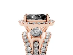 Fancy Black Oval Cut Diamond Halo Split Shank Ring Set in Rose gold with Round Accent Stones and Prong Setting