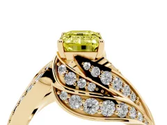 Fancy Yellow Emerald Cut Diamond Solitaire Ring Set in Yellow gold with Layered Twist Pavé Band