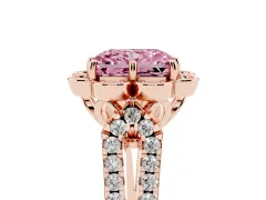 Fancy Pink Radiant Cut Diamond Floral Halo Split Shank Engagement Ring Set in Rose gold with Pavé Shank