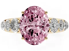 Fancy Pink Oval Cut Diamond Solitaire Ring Set in Yellow gold with Pavé-Set Band and Prong Setting