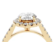 Oval Cut Diamond Halo Pavé Engagement Ring Set in Yellow gold with Prong Setting