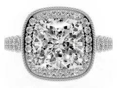 Cushion Cut Diamond Milgrain Halo Solitaire Ring Set in Silver with Bezel Set Side Stones and Pavé Band