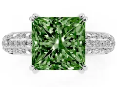 Fancy Green Princess Cut Diamond Solitaire Ring Set in Silver with Multi-Row Round Pavé Band and Prong Setting