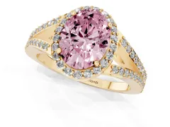 Fancy Pink Oval Cut Diamond Halo Split Shank Pavé Ring Set in Yellow gold with Prong Setting