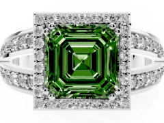 Fancy Green Asscher Cut Diamond Halo Ring Set in White gold with Double Pavé Split Shank