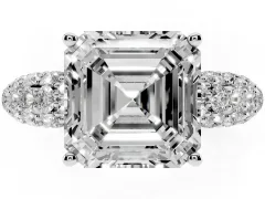 Asscher Cut Diamond Pavé Band Solitaire Ring Set in Silver with Close-Set Accent Stones and Prong Setting