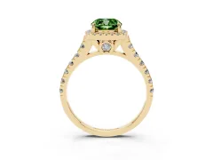 Fancy Green Cushion Cut Diamond Halo Engagement Ring Set in Yellow gold with Pavé Band and Prong-Set Center