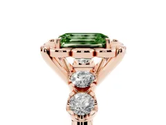 Fancy Green Emerald Cut Diamond Floral Halo Ring Set in Rose gold with Shared Prong Band