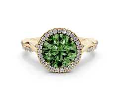 Fancy Green Round Cut Diamond Halo Twist Band Solitaire Ring Set in Yellow gold with Prong Setting