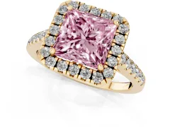 Fancy Pink Princess Cut Diamond Pavé Halo Engagement Ring Set in Yellow gold with Pavé Band and Prong Setting