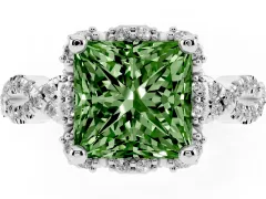Fancy Green Princess Cut Diamond Halo Twist Band Solitaire Ring Set in White gold with Prong-Set Center Stone