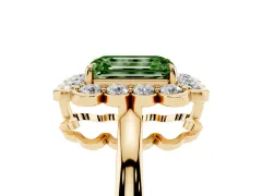 Fancy Green Emerald Cut Diamond Halo Cluster Engagement Ring Set in Yellow gold with Solitaire Band and Prong Setting