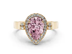 Fancy Pink Pear Cut Diamond Halo Ring Set in Yellow gold with Pavé-Lined Split Shank Band