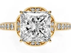 Princess Cut Diamond Halo Ring Set in Yellow gold with Channel Set Band and Prong Setting