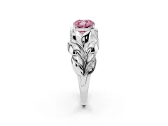 Fancy Pink Cushion Cut Diamond Leaf-Inspired Engagement Ring Set in White gold with Round Accents