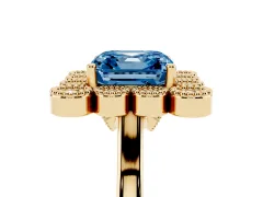 Fancy Blue Asscher Cut Diamond Cluster Halo Ring Set in Yellow gold with Milgrain Bezel Accents and Plain Band
