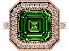 Fancy Green Asscher Cut Diamond Halo Milgrain Pavé Band Ring Set in Rose gold with Prong Setting