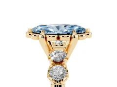 Fancy Blue Marquise Cut Diamond Floral Halo Ring Set in Yellow gold with Shared Prong Band