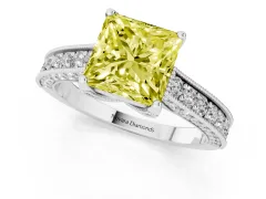 Fancy Yellow Princess Cut Diamond Solitaire Ring Set in Platinum with Milgrain-Edged Pavé Band and Prong Setting