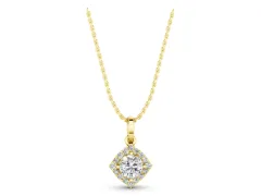 Round Halo Diamond Pendant Set in Yellow gold with Classic Four-Prong Center