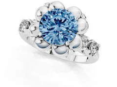 Fancy Blue Round Cut Diamond Floral Halo Ring Set in White gold with Shared Prong Band
