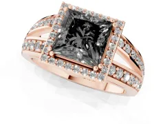 Fancy Black Princess Cut Diamond Halo Ring Set in Rose gold with Double Pavé Split Shank