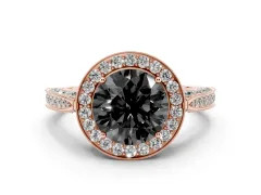 Fancy Black Round Cut Diamond Halo Engagement Ring Set in Rose gold with Accent Split Shank Band