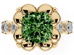 Fancy Green Cushion Cut Diamond Floral Halo Ring Set in Yellow gold with Shared Prong Band
