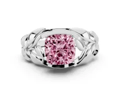 Fancy Pink Cushion Cut Diamond Leaf-Inspired Engagement Ring Set in Silver with Round Accents