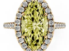 Fancy Yellow Marquise Cut Diamond Pavé Halo Engagement Ring Set in Yellow gold with Pavé Band and Prong Setting