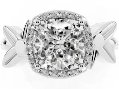 Cushion Cut Diamond Halo Floral Band Ring Set in Silver with Prong Setting