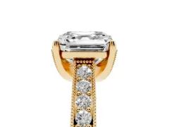 Asscher Cut Diamond Solitaire Ring Set in Yellow gold with Milgrain-Edged Pavé Band and Prong Setting