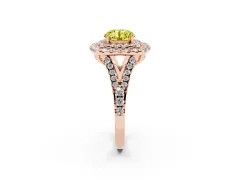 Fancy Yellow Round Cut Diamond Double Halo Ring Set in Rose gold with Pavé Split Shank and Prong Setting
