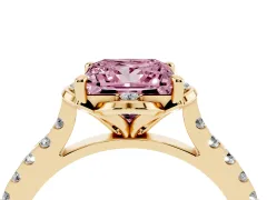 Fancy Pink Princess Cut Diamond Solitaire Ring Set in Yellow gold with Pavé Band and Floral Prong Setting
