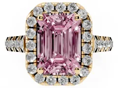 Fancy Pink Emerald Cut Diamond Halo Engagement Ring Set in Yellow gold with Pavé Band and Prong-Set Center