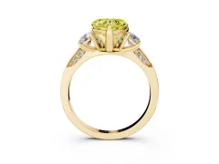 Fancy Yellow Heart Cut Diamond Three-Stone Ring Set in Yellow gold with Pavé Band and Smaller Side Stones
