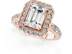 Emerald Cut Diamond Halo Ring Set in Rose gold with Pavé Shank and Prong Setting