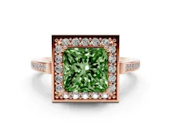 Fancy Green Princess Cut Diamond Halo Ring Set in Rose gold with Accent-Lined Split Shank and Prong Setting