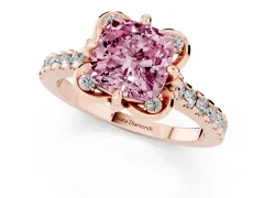 Fancy Pink Cushion Cut Diamond Solitaire Ring Set in Rose gold with Pavé Band and Floral Prong Setting